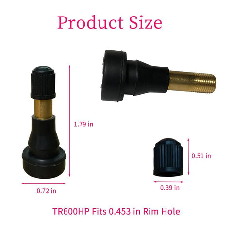 Heavy Duty High Pressure Tire Valve Stems 10 Pack Snap In Rubber Valves for 0.453 Inch Rim Holes with size details