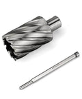 Front view: annular cutter with spiral flutes and Weldon shank, shown with a matching steel drill shank