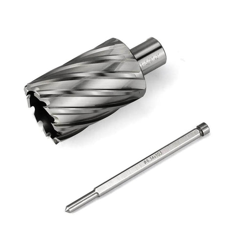 Front view: annular cutter with spiral flutes and Weldon shank, shown with a matching steel drill shank