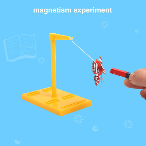 Magnet Kit for Physics Experiments 38 Piece Lab Set with a red magnet attracting a butterfly on a yellow stand.