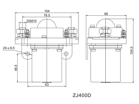 Jw Dawn Zj400D 48V 400A Single Coil NO Solenoid Relay Switch technical drawing for electric forklift and material handling.