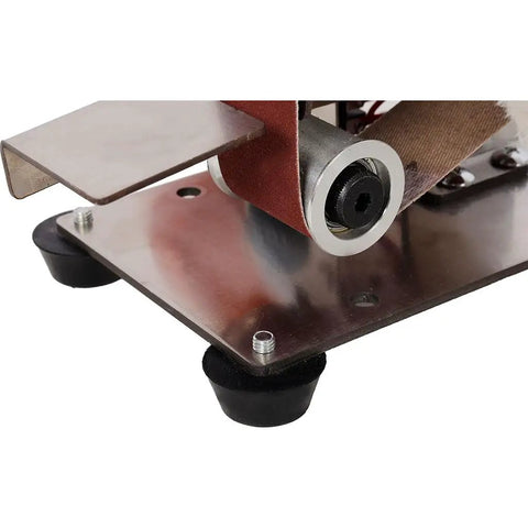 Close-up of Aynuma Mini Belt Sander And Bench Grinder Combo, 7 Speed Electric Knife Sharpener with adjustable worktable.