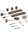 Top Shelf Rotary Tool Accessory Kit Loaded With Heavy Duty Micro Bits For Cutting Engraving Grinding Sanding And Polishing Comes With A Solid Storage Case Built For Weekend Hobby Hustle Backyard Fixes And Creative Project Grinds, featuring various metal abrasive bits and sanding discs.