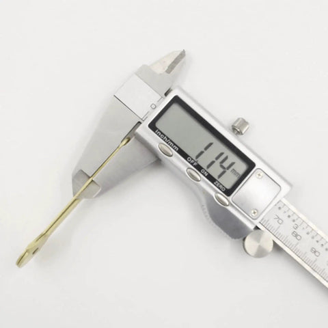 Gold Metal Lid Support Hinges Set Heavy Duty 2.68 by 0.31 Inch being measured for precision with a caliper