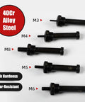 Professional Rivet Nut Drill Adapter Kit Featuring Complete M3 M4 M5 M6 M8 Metric Mandrels And Thread Insert Nuts, black steel fasteners.