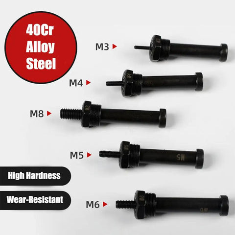 Professional Rivet Nut Drill Adapter Kit Featuring Complete M3 M4 M5 M6 M8 Metric Mandrels And Thread Insert Nuts, black steel fasteners.