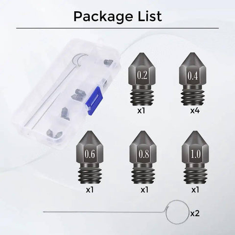 Beefed Up Hardened Steel MK8 3D Printer Nozzles Set With Storage Box And Handy Tools, 0.2mm to 1.0mm sizes displayed