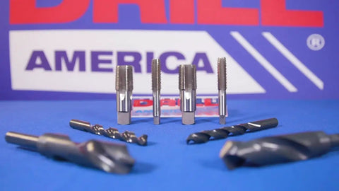 3/8 Inch 24 Tpi High Speed Steel Tap And Drill Bit Kit With Black Oxide Coating, precision tools on a blue background.