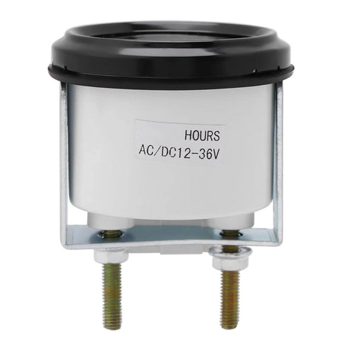 Rugged Vibration Resistant Hour Meter For 12 To 36V AC DC Systems With Quartz Engine Timer Tough As Nails Built To Last And Track Time On Generators Boats Trucks ATVs UTVs Tractors And Lawn Mowers front view, metal body, black bezel