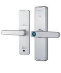 Top Shelf Silver Wi Fi Smart Door Lock With Tuya App Remote Control Waterproof Digital Biometric Fingerprint Entry Gate side view.
