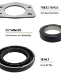 Components of 2 Piece Axle Bearing And Seal Kit With Drum Brake For Jeep Wrangler Wagoneer CJ TJ XJ J10 Dana 44 Rear 1997 Through 2006 Replacement OEM Style Premium Aftermarket Parts, including press rings, retainers, and seals.