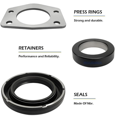 Components of 2 Piece Axle Bearing And Seal Kit With Drum Brake For Jeep Wrangler Wagoneer CJ TJ XJ J10 Dana 44 Rear 1997 Through 2006 Replacement OEM Style Premium Aftermarket Parts, including press rings, retainers, and seals.