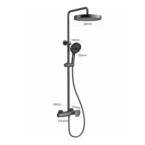 Exposed Shower System with Waterfall Tub Spout G1/2 Connection Gun Gray, featuring a 280mm round top spray and handheld showerhead.