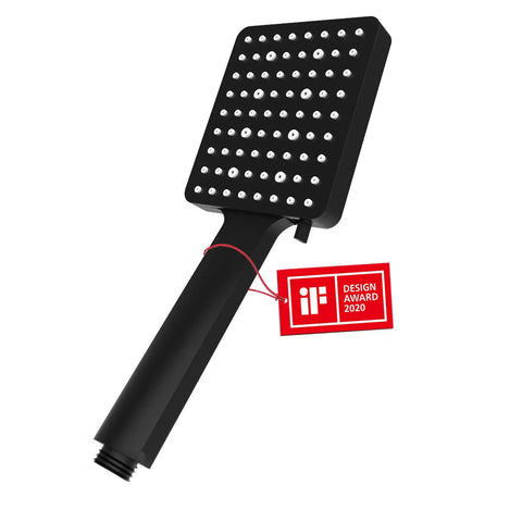 High Pressure Shower Head With Handheld Detachable System, square matte black finish, design award tag, anti-limescale nozzles