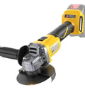 Heavy Duty Cordless Angle Grinder With Kickass Brushless Motor Spinning At 10000 RPM showcasing cutting disc and battery pack.
