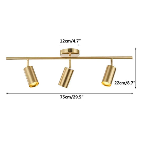 Brass Gold 3 Light Track Lighting Kit With Adjustable LED Heads, shown with dimensions 75cm length and 22cm height.