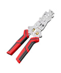 Heavy Duty 12 in One Multi-Tool Wire Stripper For Car Wiring And Electric Jobs Folding Crimping Pliers with red ergonomic handles.