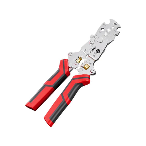 Heavy Duty 12 in One Multi-Tool Wire Stripper For Car Wiring And Electric Jobs Folding Crimping Pliers with red ergonomic handles.