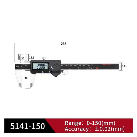 NHYWGMZG Touch Screen Digital Vernier Caliper 0-150mm IP54 with Display(SHANHR-5141-150Touch) showing measurement accuracy of ±0.02mm.