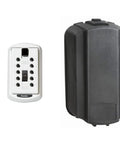 AccessPoint Slimline Push Button Key Safe Lock Box With Weather Cover for wall mount holds two keys, key safe and cover shown.