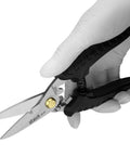 Heavy Duty Multi Purpose Shears With Tough As Nails Serrated Stainless Steel Blades And No Slip Comfort Grip held in gloved hand.