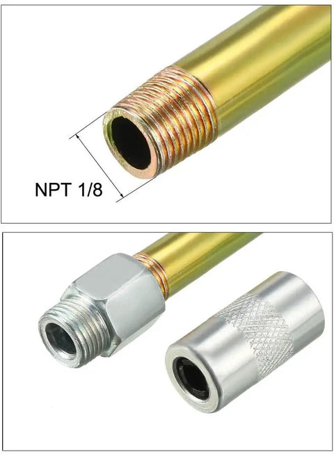 Beefed Up One Eighth Inch NPT Grease Fitting With Metal Extension Tube And Nozzle Zinc Plated For Hand Operated And Air Powered Grease Guns Fits