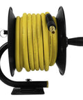 Heavy Duty Manual Hose Reel With Three Eighths Inch By Fifty Feet Rubber Air Hose Oil And Kink Resistant Built In Bend Restrictor Durable Frame Yellow Finish For Easy Outdoor Storage And Quick Rewinds