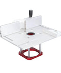 Heavy Duty Aluminum Router Base With Smooth Zero To 54 MM Lift System Kit top view showing precision ground edges and red mounting platform.