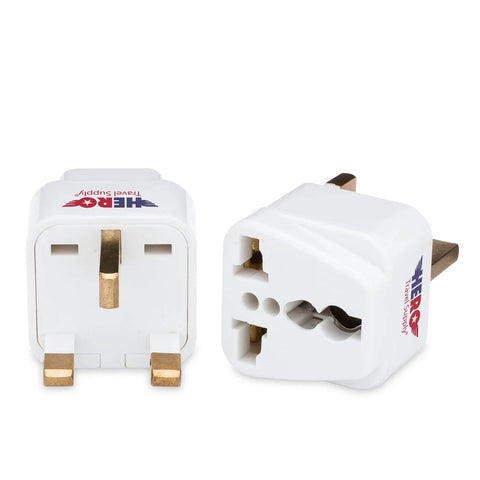Universal Travel Adapter Kit For US To Italy Type L Grounded 3 Pack With Lifetime Replacement Guarantee shown from front and side angles.