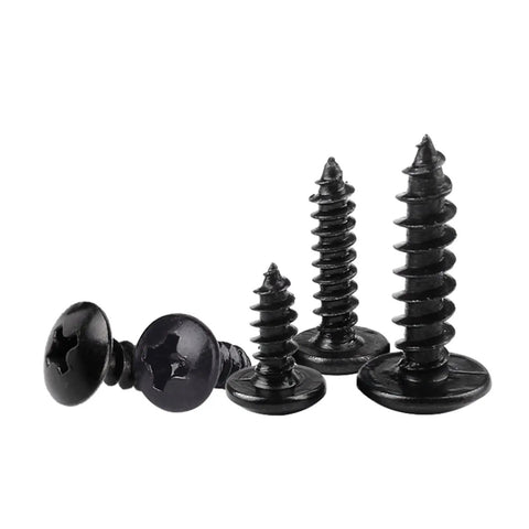 Slick M3 X 10mm Carbon Steel Round Head Self Tapping Wood Screws With Nifty Cross Slotted Mushroom Tops, black oxide finish.
