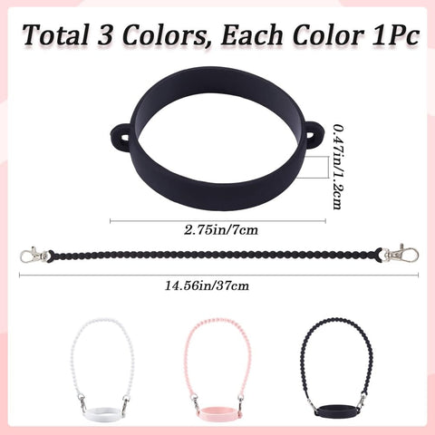 3 Pack Water Bottle Handle Straps Set in Pink White Black, Soft Silicone Sling Carriers with dimensions and sizes shown