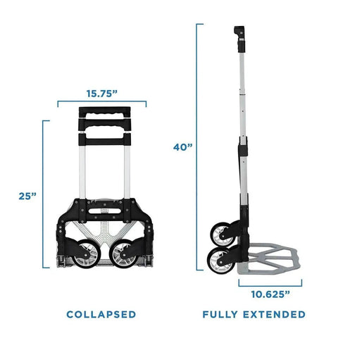 Foldable Aluminum Hand Truck Dolly With 165 Lb Capacity shown collapsed and fully extended with telescoping handle
