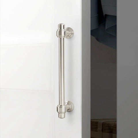 5-inch brushed satin nickel cabinet handle mounted on a cabinet door, showcasing zinc alloy heavy-duty drawer pull with elegant silvery finish