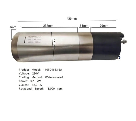 Heavy Duty 3.2KW Water Cooled Automatic Tool Spindle For CNC Machines with metal housing, dimensions and specs displayed on image.