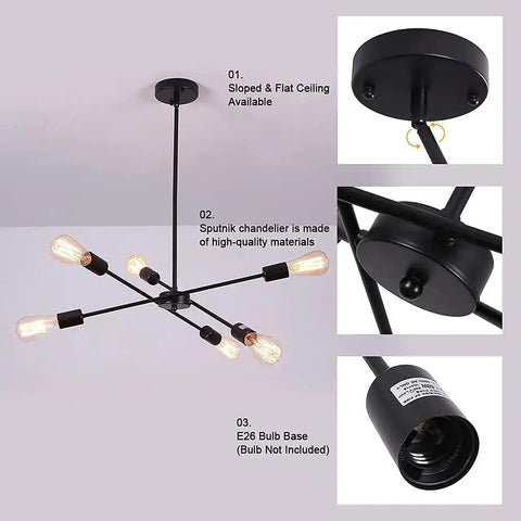 Black Sputnik Chandelier With 6 Lights, Dope Modern Industrial Ceiling Light For Dining Room, 6-light matte black finish