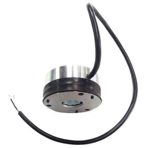 DC24V electromagnetic brake for forklift with silver metal housing, black mounting flange, and long attached cable