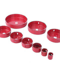 Ultimate 16-Piece Hole Saw Kit Made From Heavy Red Steel For Cutting Wood PVC Pipe And Plastic Boards Perfect For Pro Work Or Serious DIY Home Projects To Make Any Cut Look Totally Rad And Professional. 16-piece red steel hole saw set sizes shown
