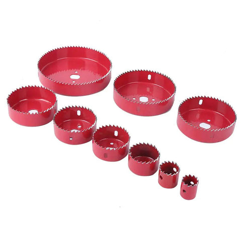 Ultimate 16-Piece Hole Saw Kit Made From Heavy Red Steel For Cutting Wood PVC Pipe And Plastic Boards Perfect For Pro Work Or Serious DIY Home Projects To Make Any Cut Look Totally Rad And Professional. 16-piece red steel hole saw set sizes shown