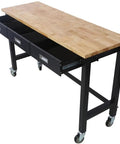 Heavy Duty Rubber Wood Top Workbench On Rolling Steel Frame With Drawers 60 Inch Garage Workshop Table With Locking 4 Inch Casters