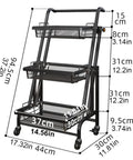 Heavy Duty Metal Rolling Storage Cart With Smooth Rolling Wheels For Kitchen Bathroom Laundry And Office Folding Utility Shelf dimensions diagram.