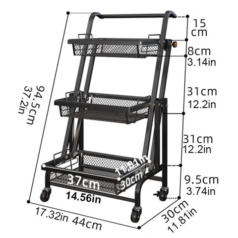 Heavy Duty Metal Rolling Storage Cart With Smooth Rolling Wheels For Kitchen Bathroom Laundry And Office Folding Utility Shelf dimensions diagram.
