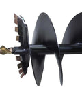 Close-up of Heavy Duty 24 Inch By 48 Inch Auger Bit For Post Hole Digger With 2 Inch Hex Connect HD Steel Digging Bit Only Built In 6 Inch Boring Head Tooth And Fully Welded Cutting Disk, showing cutting disk and boring head.