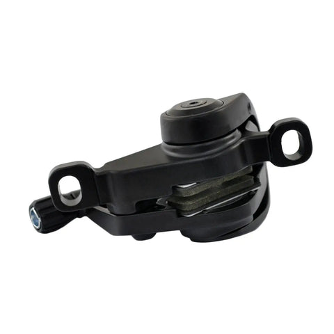 Heavy Duty Post Mount Dual Piston Mechanical Disc Brake Set With Rotors close-up of brake caliper with pads, sturdy design.