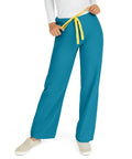 Unisex Reversible Scrub Pants With Drawstring Waist Built For Healthcare Heroes To Rock All Day Long Featuring Ultra Comfy Lightweight Stretch Fabric. Teal color with yellow drawstring.