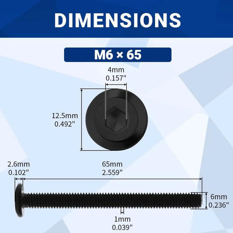 Dimensions of 65mm Flat Head Hex Socket Cap Screws 10 Pack Black Coated 304 Stainless Steel M6 6mm Thread 1.0 Pitch