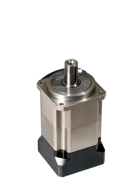 Next Level Helical Gear Planetary Reducer For Servo Motor And Stepper Setup with silver metallic housing and black base.
