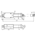 Technical diagram of Beefy DC Linear Actuator 6V 12V 24V with 15mm to 150mm stroke dimensions and components shown.