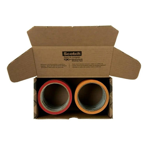 Open box showing two rolls from the Colored Masking Tape Set, Six Colorful Rolls For Classroom Organization And School Projects.