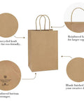 Eco Friendly Kraft Paper Gift Bags With Handles 100 Pack 5.25x3x8 Inches Small Brown Paper Sacks showing features
