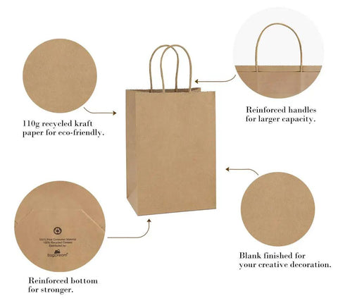 Eco Friendly Kraft Paper Gift Bags With Handles 100 Pack 5.25x3x8 Inches Small Brown Paper Sacks showing features